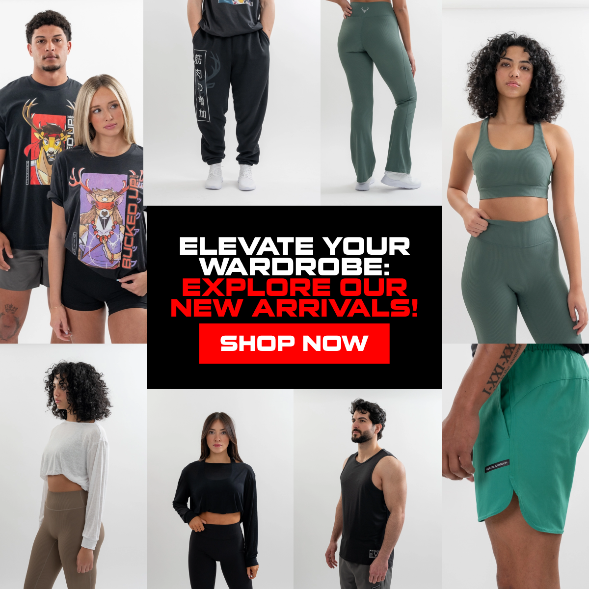 3.26.2024 Apparel Drop - Text says "Elevate your wardrobe: explore our new arrivals!", Button says "shop now", and image displays varying images of models wearing 8 different articles of clothing such as the anime t-shirt, liner shorts