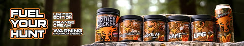 Bucked Up limited edition Orange Cream supplement lineup: Mother Bucker, Bucked Up, Woke AF, BAMF, LFG Burn, and energy drink