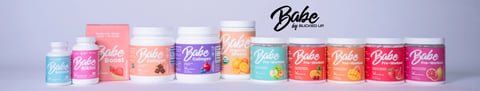Babe by Bucked Up product lineup including Pre-Workout, Collagen, Organic Greens, Boost, Bikini, and Balance supplements displayed on a light background.