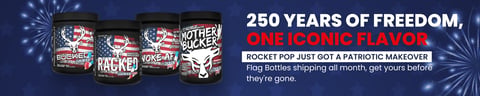 Bucked Up Rocket Pop Bucked Up, Racked BCAAs, Voke AF, and Mother Bucker in limited-edition patriotic flag bottles