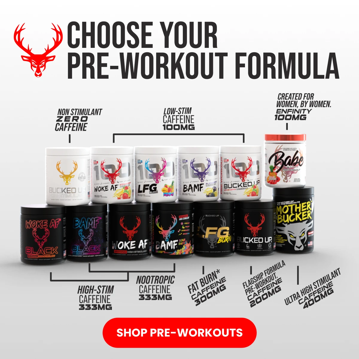 Choose your Pre-Workout Formula - Button reads "Shop Pre-workoutsText summarizes several types of pre-workouts and their stimulant level including: no caffeine, 100mg caffeine, 100 mg enfinity, 200mg caffeine, 300mg caffeine, 333mg and 400mg caffeine