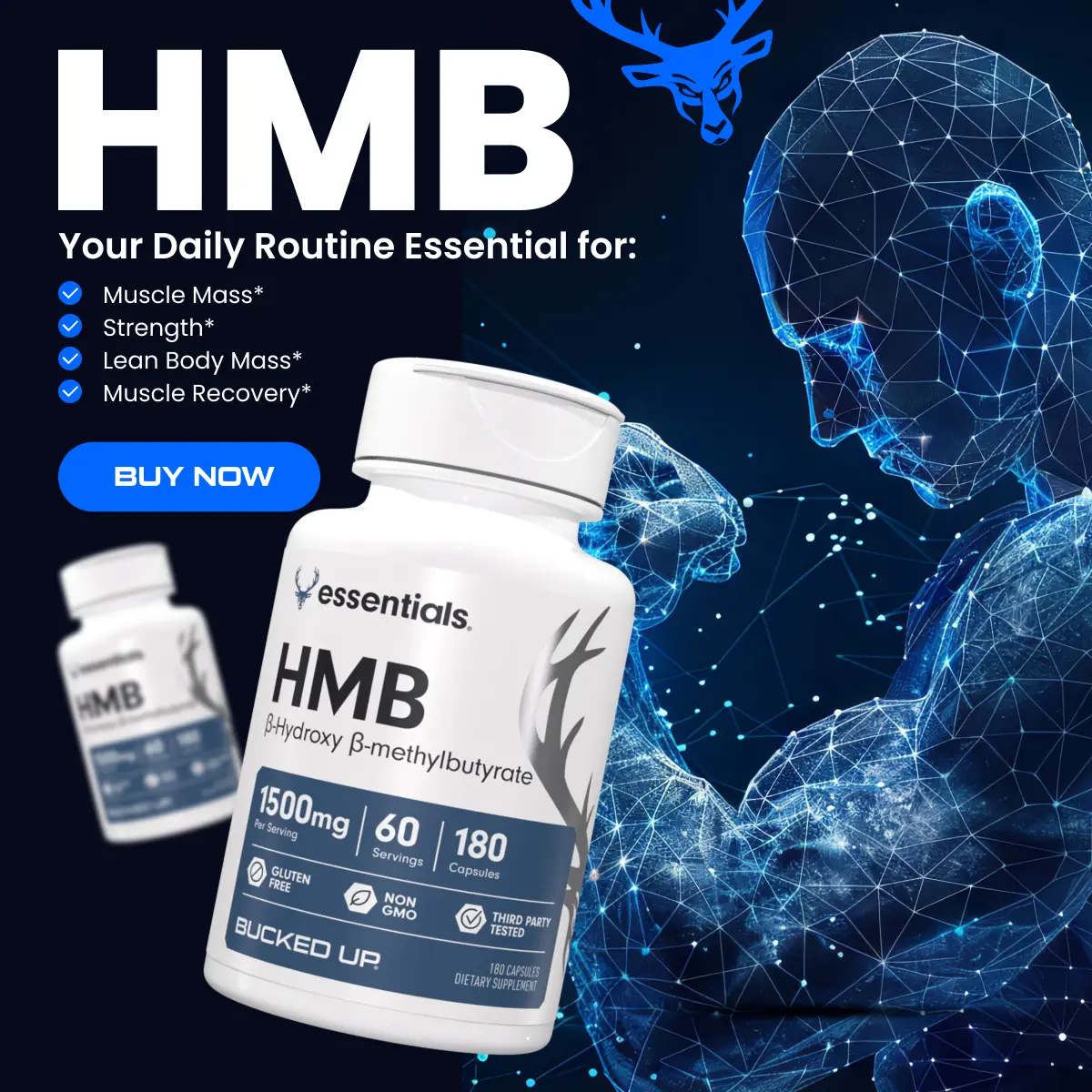 HMB- Text reads "HMB, your daily routine essential for: Muscle Mass, Strength, Lean Body Mass, Muscle Recovery" Image shows futuristic blue muscle man