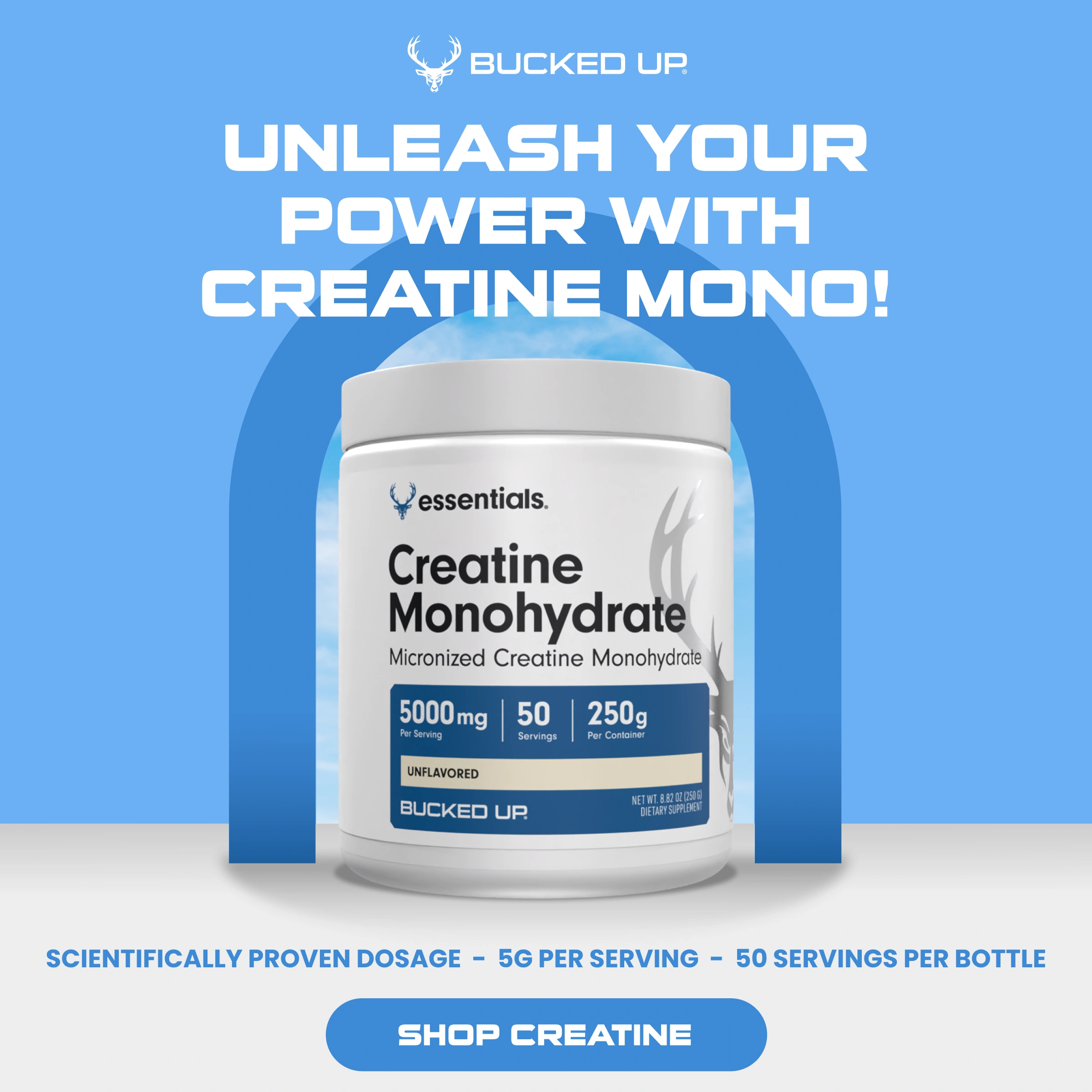 Creatine Banner Text Reads "Bucked Up, Unleash your power with creatine mono!" "Scientifically proven quantities, 5g grams per serving, 50 servings per bottle" Button reads "shop creatine"