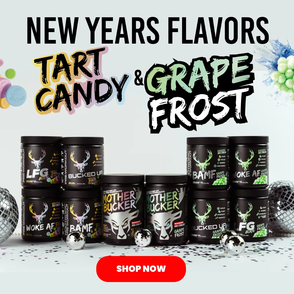 New Years Flavors Text Reads "New Years Flavors, Tart Candy and Grape Frost" Button Reads "Shop Now"