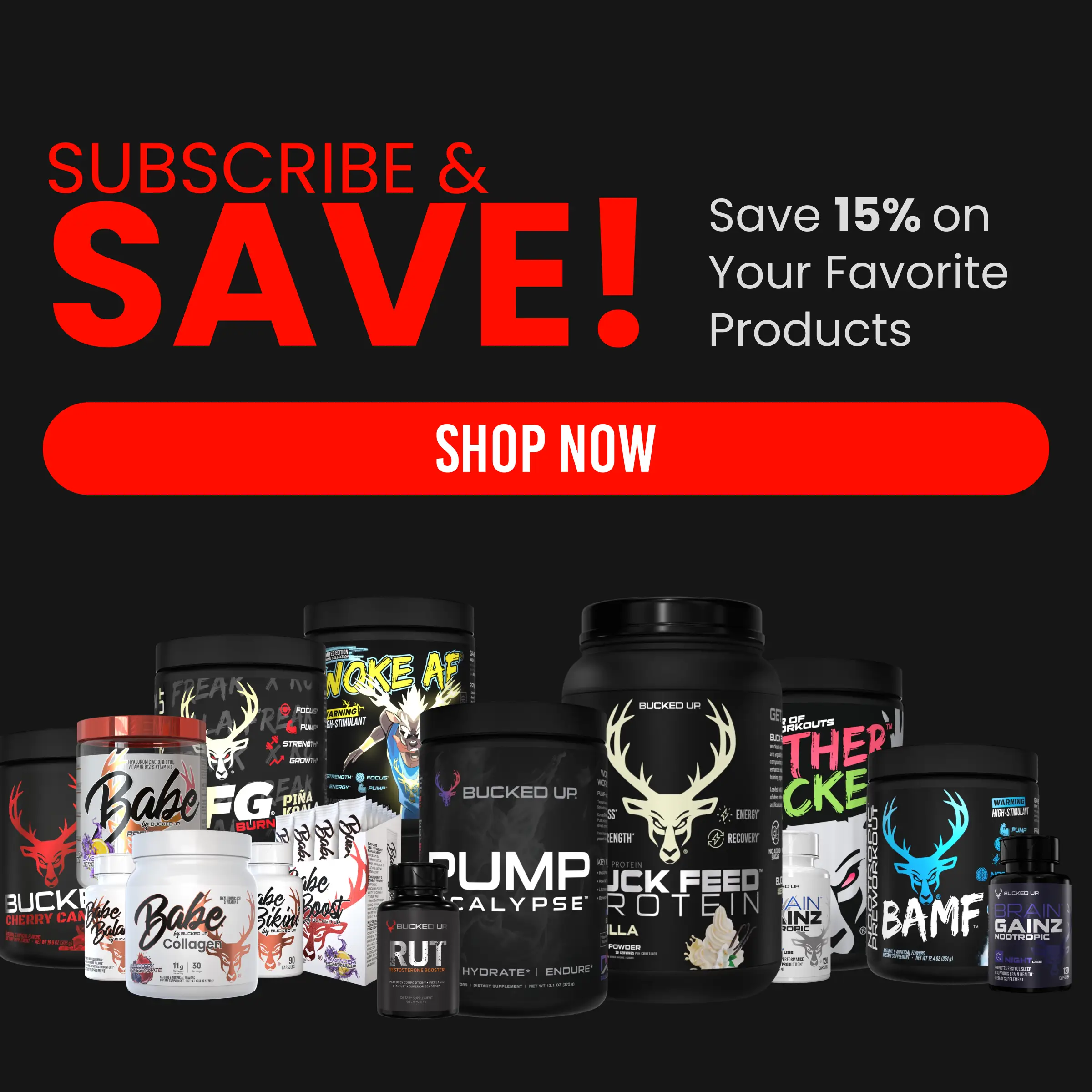 Subscribe & Save Text Reads "Subscribe and Save, Save 15% on your favorite products" Button Reads "Shop Now"