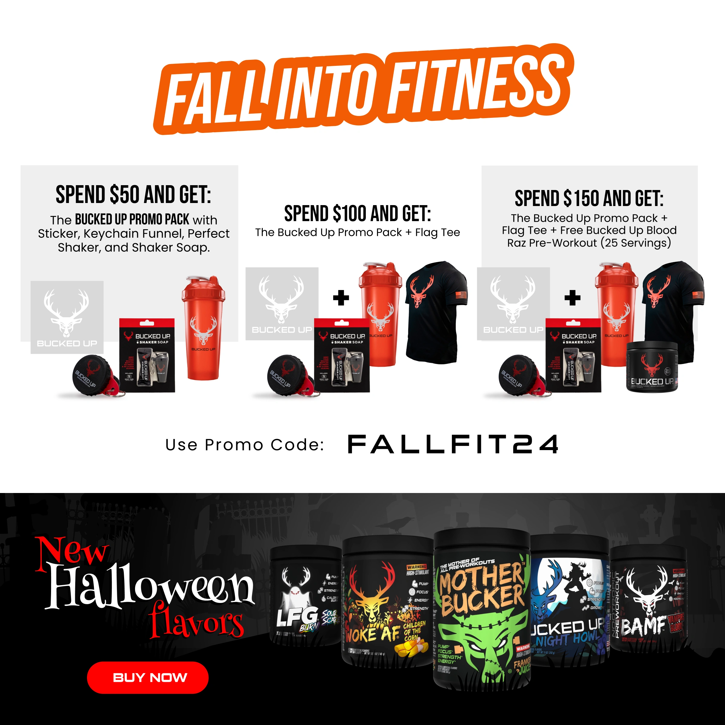 Banner Features Two Separate Promotions.  First is the Fall Into Fitness Gift with Purchase Promotion describing how you can spend $50, $100, and $150 to get a free gift with your purchase. Second is for the new Halloween Flavors Line.