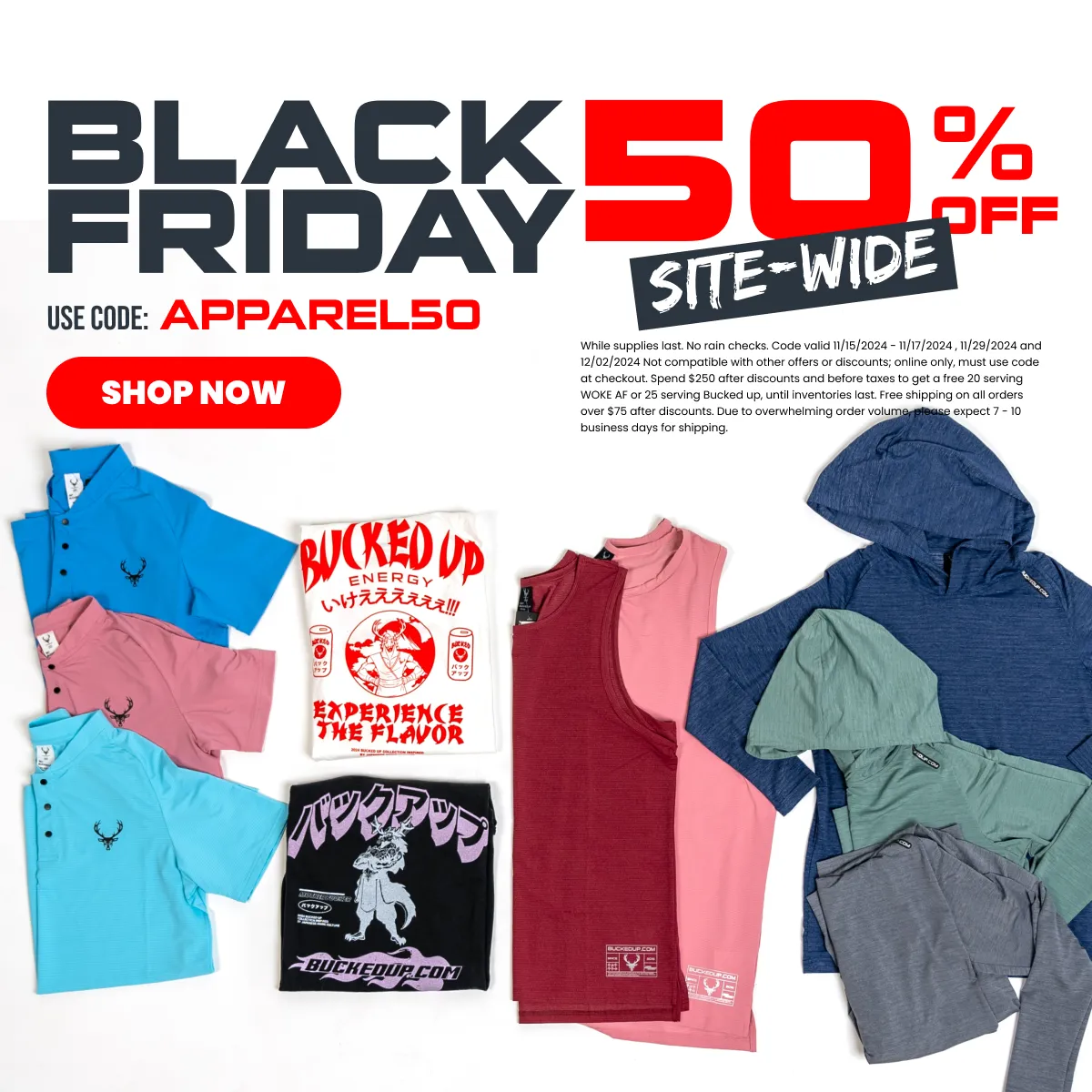 Black Friday - Apparel - Text Reads "Black Friday 50% Off, use code 50OFF, 50% off sitewide, + free woke af, + free shipping".  Disclaimers state constraints on Black Friday sale and qualifications for free woke af and shipping.